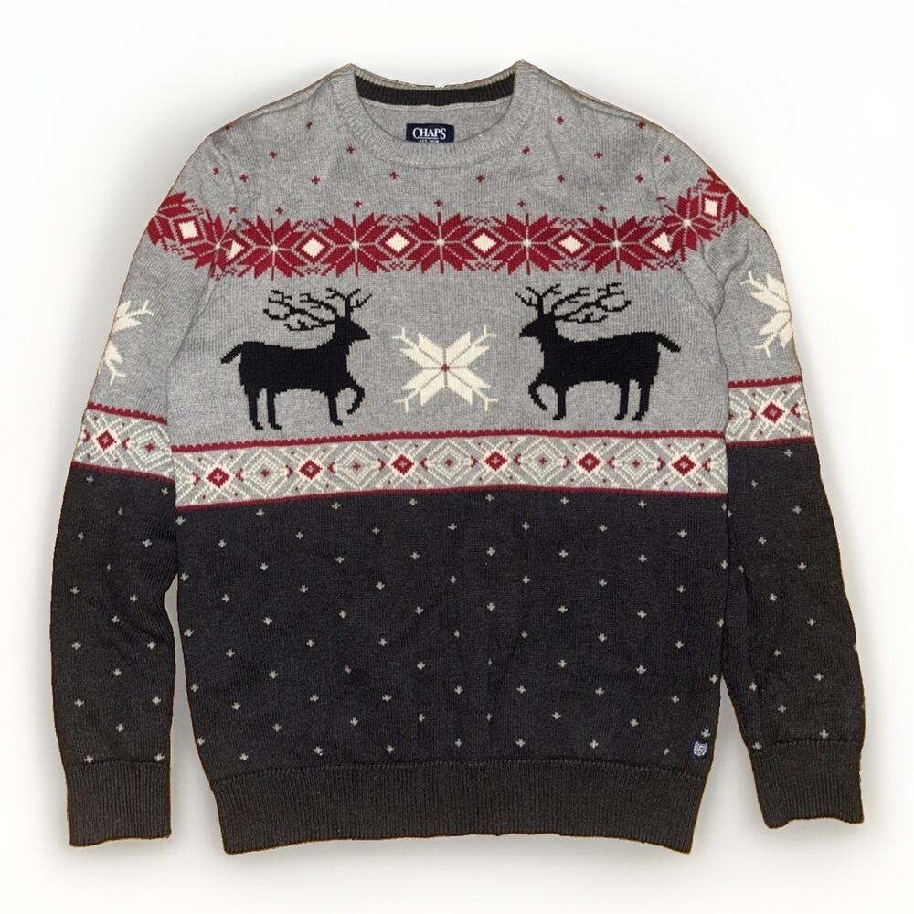 Chaps Fair Isle Sweater Grey Medium 21x26 Deer Outdoors USA Heritage